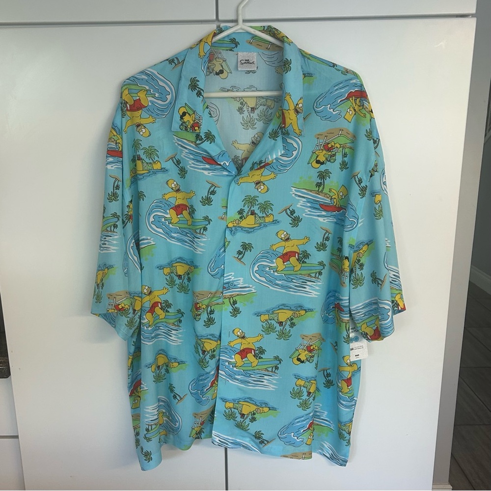 The Simpsons Men’s  Casual Surfing Print Short Sleeve Shirt - Turquoise, Size XL